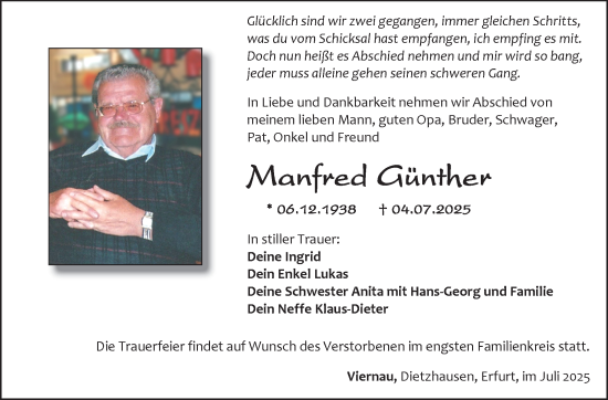 Traueranzeige von Manfred Günther von Südthüringer Presse