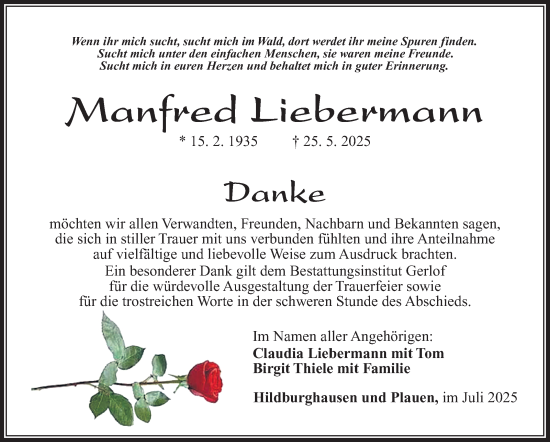 Traueranzeige von Manfred Liebermann von Südthüringer Presse