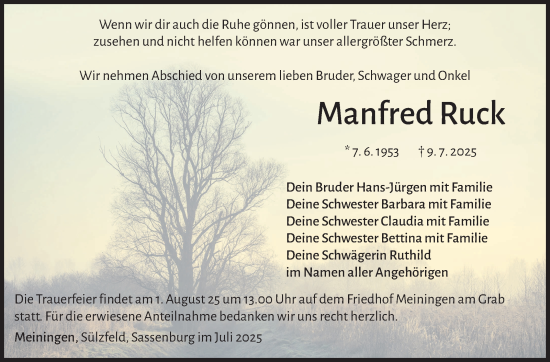 Traueranzeige von Manfred Ruck von Südthüringer Presse