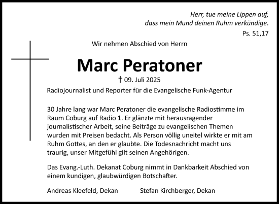 Traueranzeige von Marc Peratoner von Südthüringer Presse