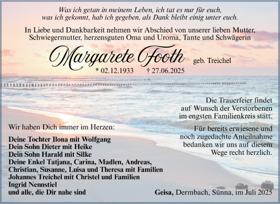 Traueranzeige von Margarete Footh von Südthüringer Presse