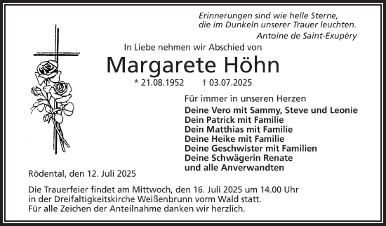 Traueranzeige von Margarete Höhn von Neue Presse Coburg