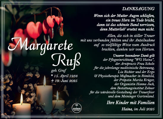 Traueranzeige von Margarete Ruß von Südthüringer Presse