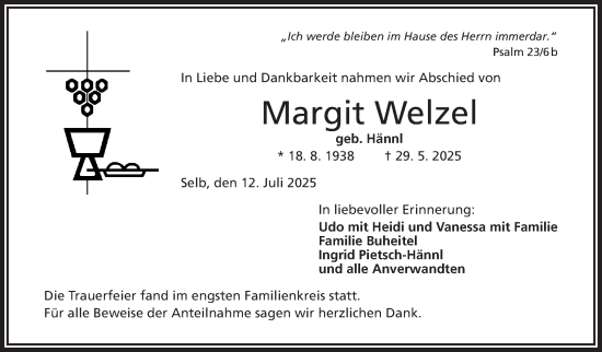 Traueranzeige von Margit Welzel von Frankenpost