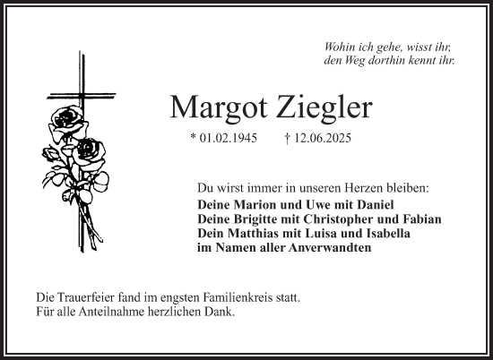 Traueranzeige von Margot Ziegler von Frankenpost