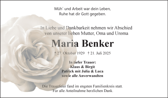 Traueranzeige von Maria Benker von Frankenpost