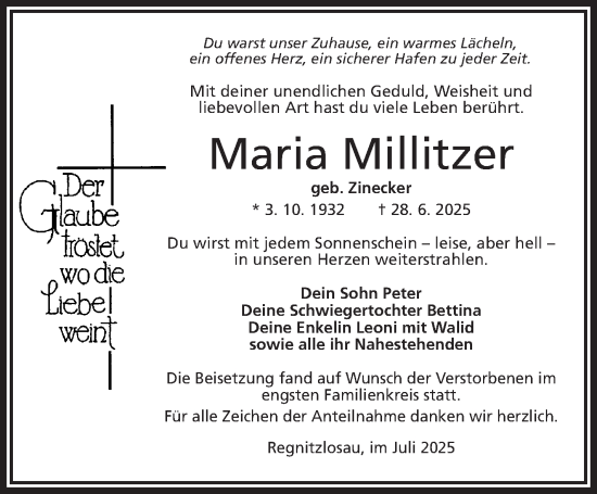 Traueranzeige von Maria Millitzer von Frankenpost