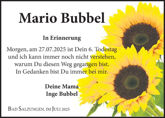 Traueranzeige von Mario Bubbel von Südthüringer Presse