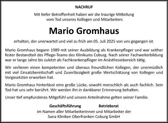 Traueranzeige von Mario Gromhaus von Neue Presse Coburg