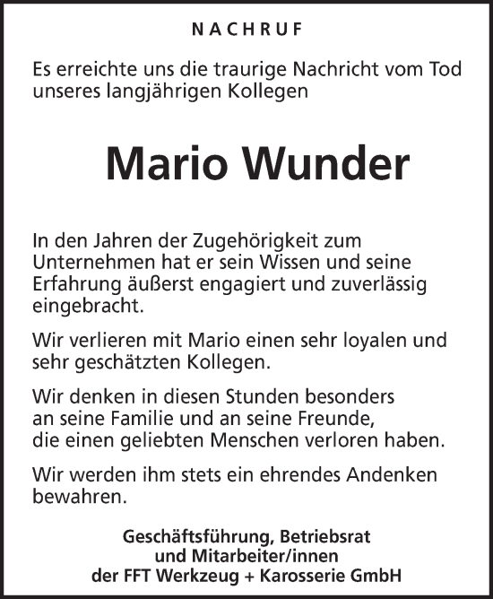 Traueranzeige von Mario Wunder von Südthüringer Presse