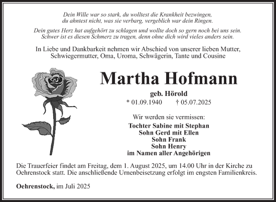 Traueranzeige von Martha Hofmann von Südthüringer Presse