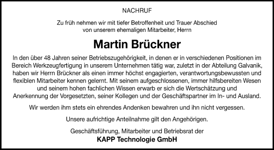 Traueranzeige von Martin Brückner von Neue Presse Coburg