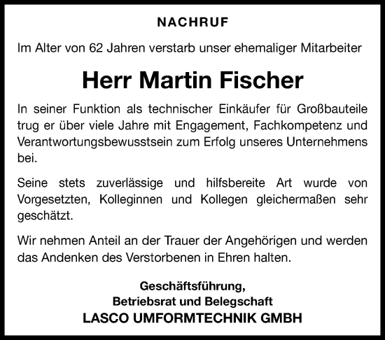 Traueranzeige von Martin Fischer von Neue Presse Coburg