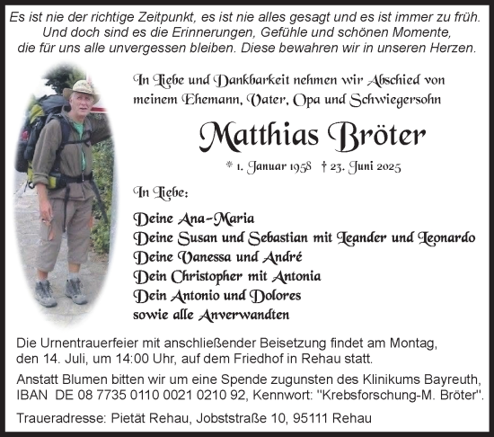 Traueranzeige von Matthias Bröter von Frankenpost