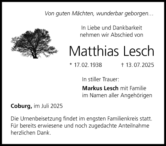 Traueranzeige von Matthias Lesch von Südthüringer Presse