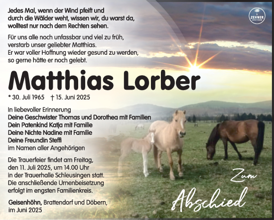 Traueranzeige von Matthias Lorber von Südthüringer Presse