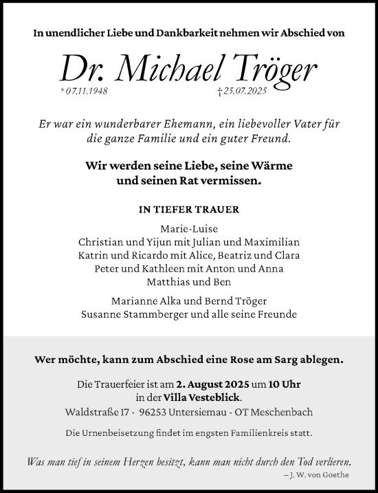 Traueranzeige von Michael Tröger von Neue Presse Coburg