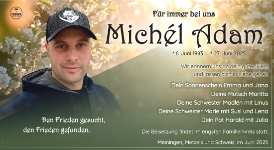 Traueranzeige von Michél Adam von Südthüringer Presse