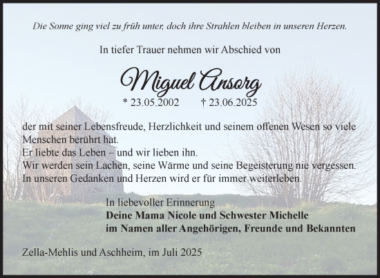 Traueranzeige von Miguel Ansorg von Südthüringer Presse
