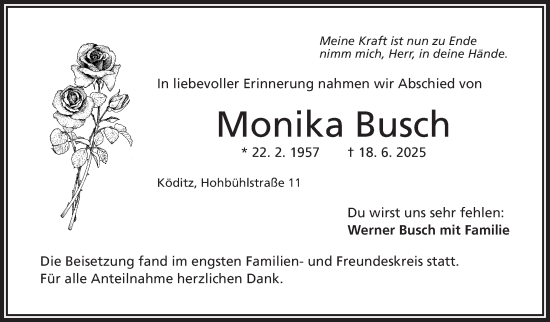 Traueranzeige von Monika Busch von Frankenpost