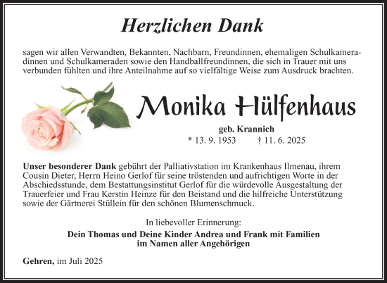 Traueranzeige von Monika Hülfenhaus von Südthüringer Presse