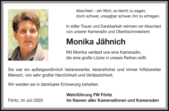 Traueranzeige von Monika Jähnich von Südthüringer Presse