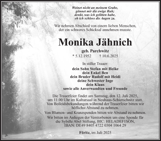 Traueranzeige von Monika Jähnich von Südthüringer Presse