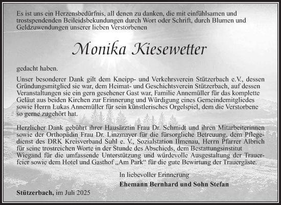 Traueranzeige von Monika Kiesewetter von Südthüringer Presse
