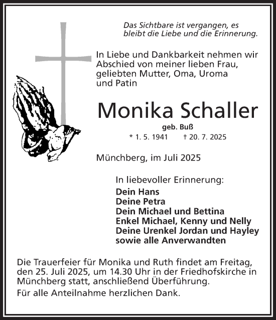 Traueranzeige von Monika Schaller von Frankenpost
