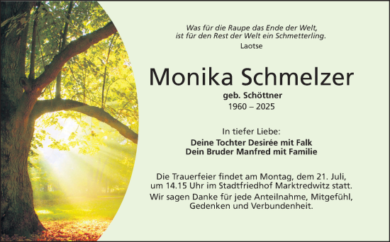 Traueranzeige von Monika Schmelzer von Südthüringer Presse