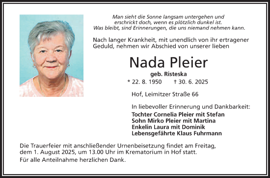 Traueranzeige von Nada Pleier von Frankenpost
