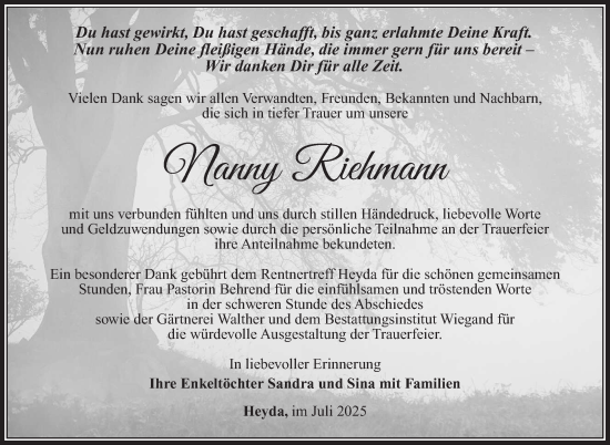 Traueranzeige von Nanny Riehmann von Südthüringer Presse