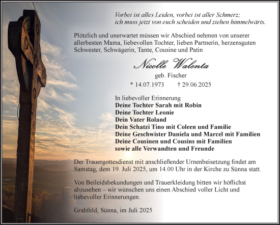 Traueranzeige von Nicolle Walenta von Südthüringer Presse