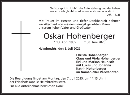 Traueranzeige von Oskar Hohenberger von Frankenpost