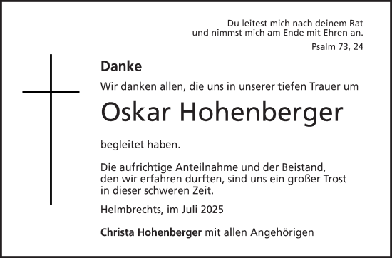 Traueranzeige von Oskar Hohenberger von Frankenpost
