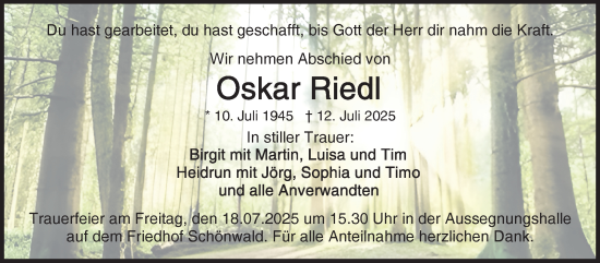 Traueranzeige von Oskar Riedl von Südthüringer Presse