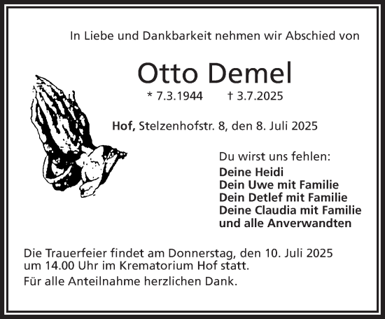 Traueranzeige von Otto Demel von Frankenpost
