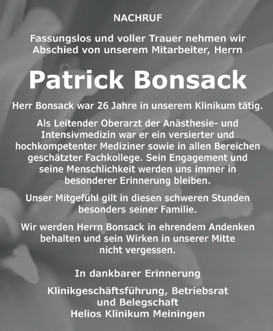 Traueranzeige von Patrick Bonsack von Südthüringer Presse