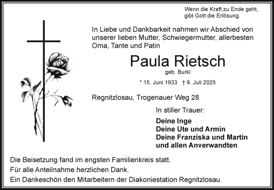 Traueranzeige von Paula Rietsch von Frankenpost