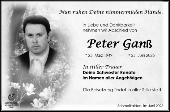 Traueranzeige von Peter Ganß von Südthüringer Presse