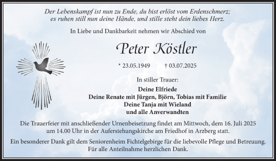 Traueranzeige von Peter Köstler von Frankenpost