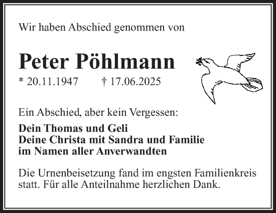 Traueranzeige von Peter Pöhlmann von Frankenpost