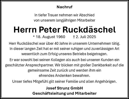 Traueranzeige von Peter Ruckdäschel von Frankenpost
