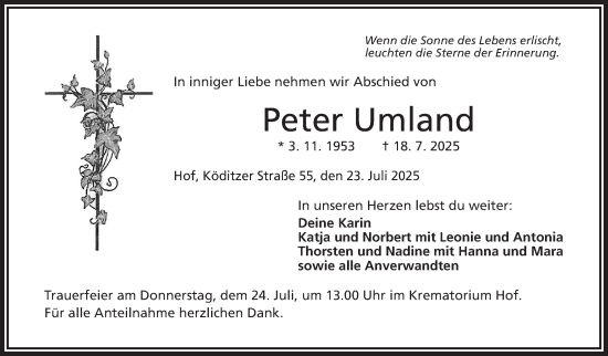 Traueranzeige von Peter Umland von Frankenpost