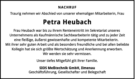 Traueranzeige von Petra Heubach von Südthüringer Presse