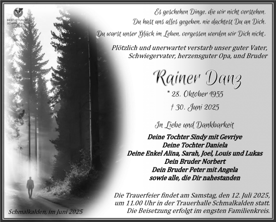 Traueranzeige von Rainer Danz von Südthüringer Presse