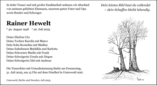 Traueranzeige von Rainer Hewelt von Südthüringer Presse