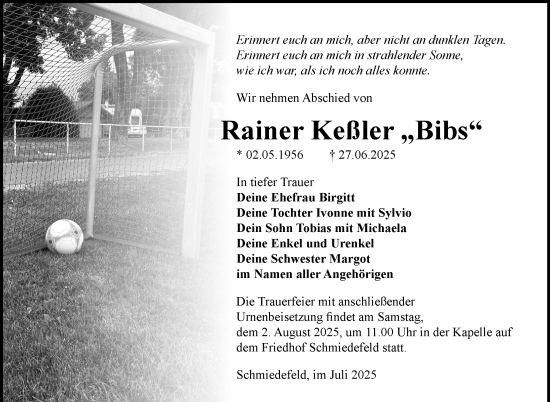 Traueranzeige von Rainer Keßler von Südthüringer Presse