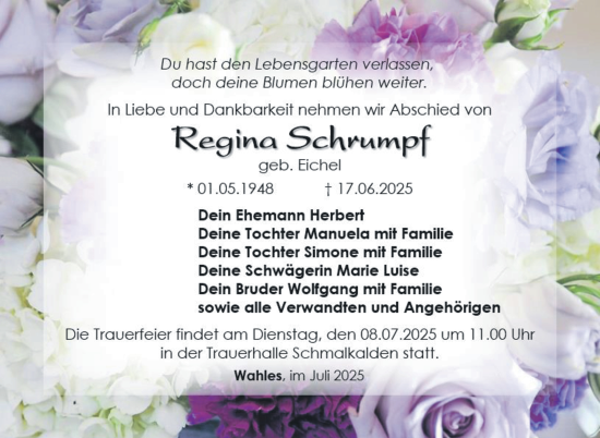 Traueranzeige von Regina Schrumpf von Südthüringer Presse
