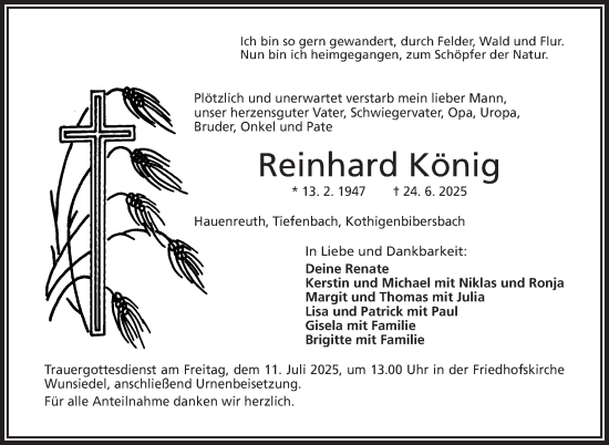Traueranzeige von Reinhard König von Frankenpost